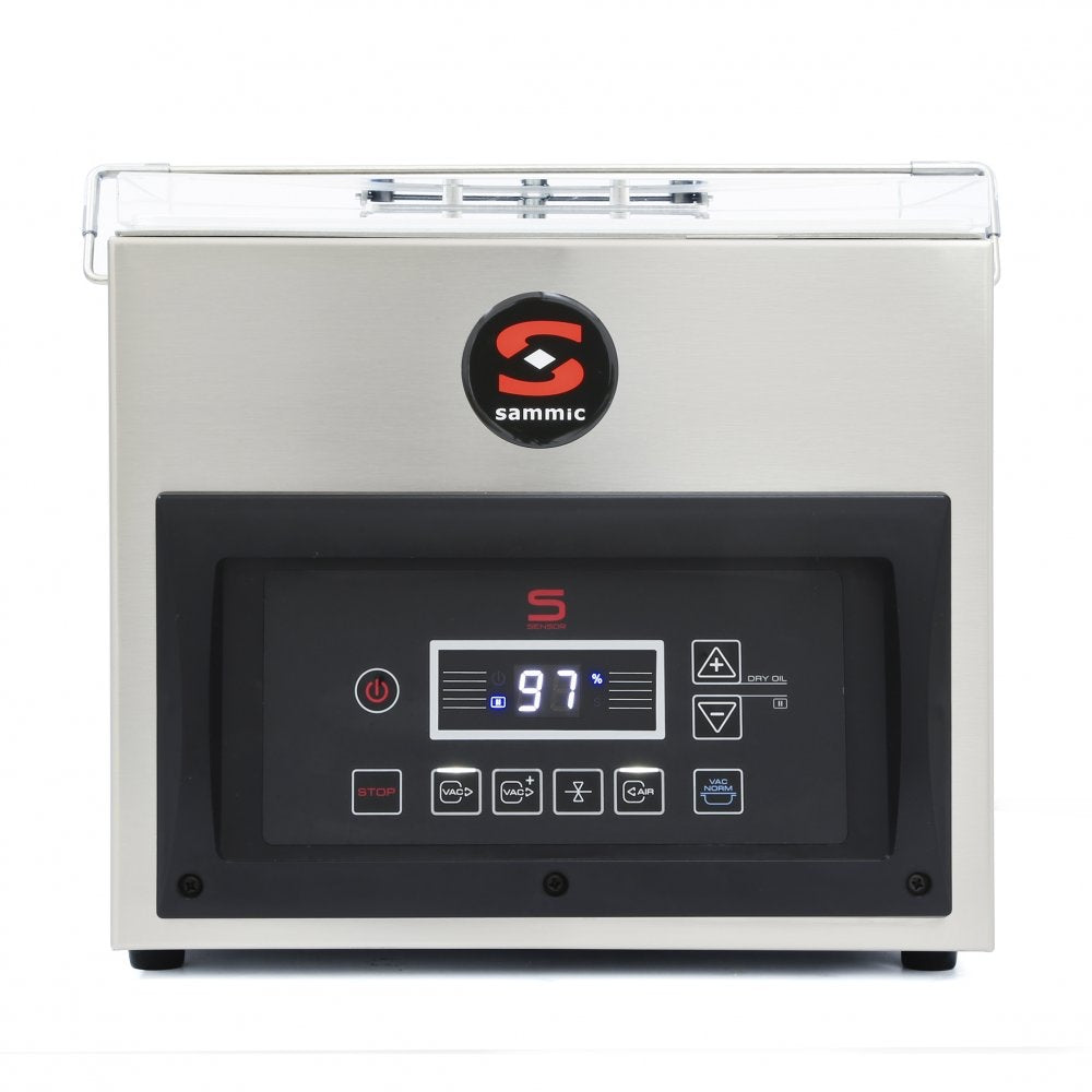 Envasadora al vacío industrial Sammic SE-204 con bomba Busch de 4 m³/h, sensor de control y barra de soldadura de 280 mm para un envasado seguro y profesional.