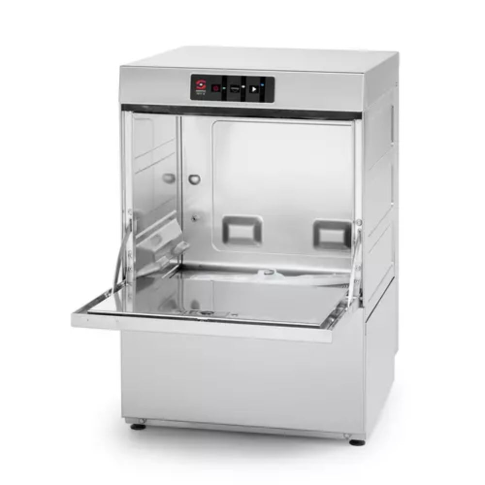 Lavavasos industrial Sammic AX-40 con la tapa delantera abierta.