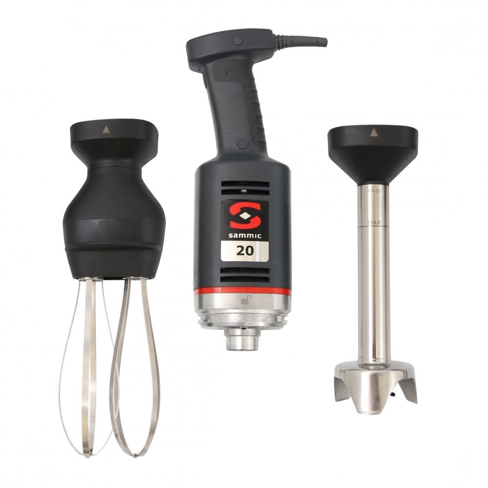 Batidor de mano profesional Sammic MB-21 con accesorios intercambiables, incluyendo varillas batidoras y brazo triturador de acero inoxidable para mayor versatilidad en la cocina.