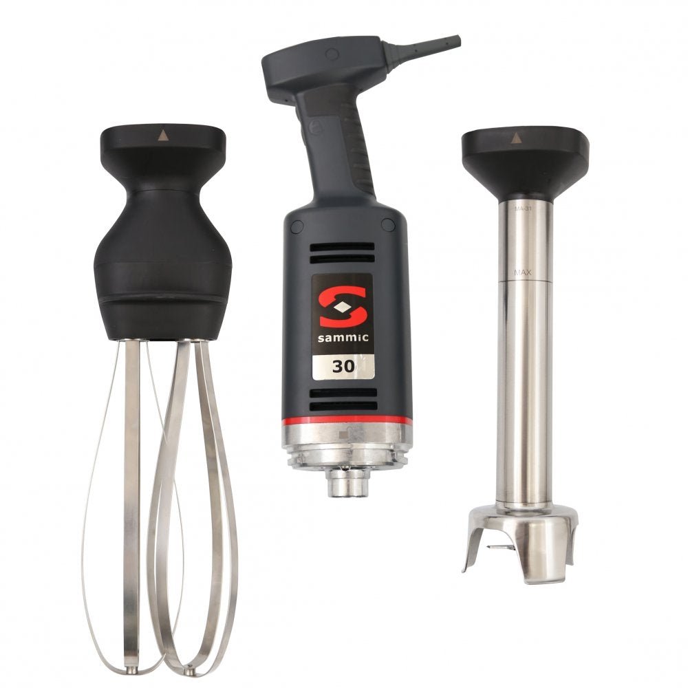 Batidor de mano profesional Sammic MB-31 con sus accesorios intercambiables: varillas batidoras y brazo triturador de acero inoxidable para máxima versatilidad en cocinas industriales.