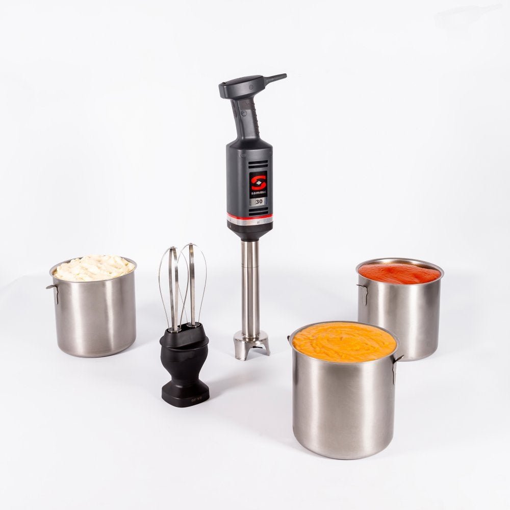 Batidor de mano profesional Sammic MB-31 con accesorios de varillas y brazo triturador, ideal para la preparación de salsas, cremas y montados en hostelería.