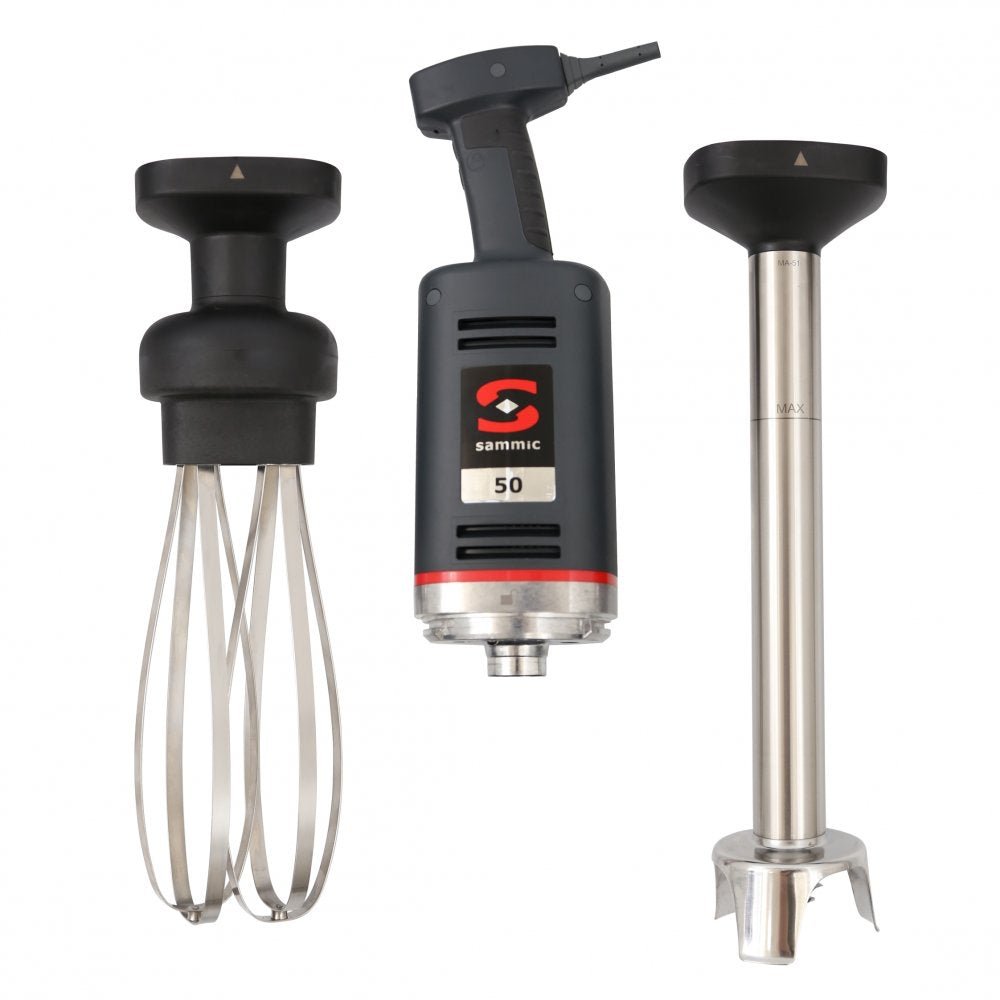 Batidora-triturador Sammic MB-51 con brazo triturador y accesorio batidor desmontables.