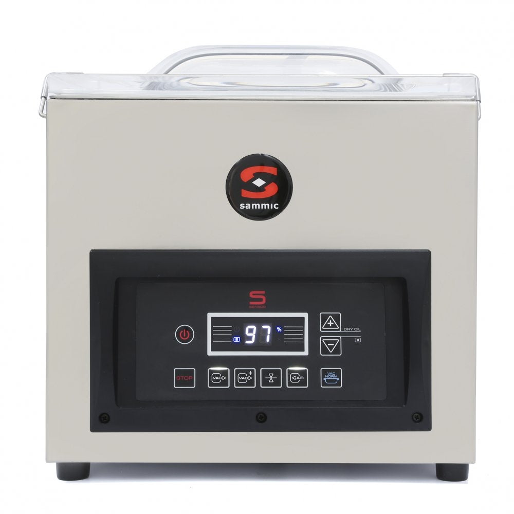 Envasadora al vacío industrial Sammic SE-310 con bomba Busch de 10 m³/h, control por sensor y doble barra de 320 mm para un envasado preciso y seguro en entornos profesionales.