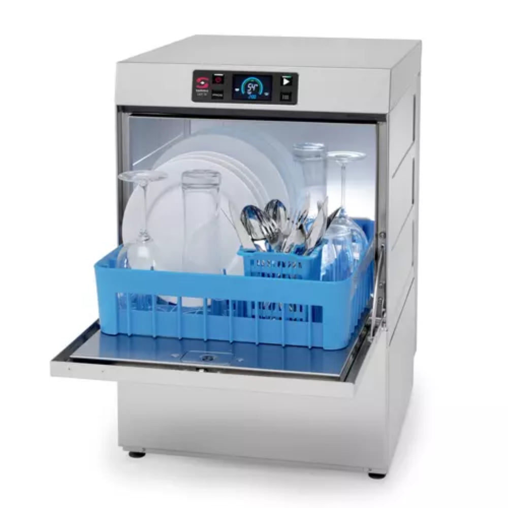 Lavavasos industrial Sammic UX-40 cargado con cesta de 400x400