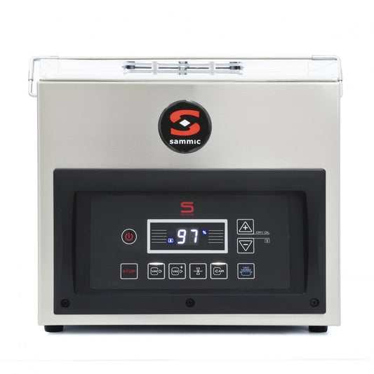 Envasadora al vacío industrial Sammic SE-204 con bomba Busch de 4 m³/h, sensor de control y barra de soldadura de 280 mm para un envasado seguro y profesional.