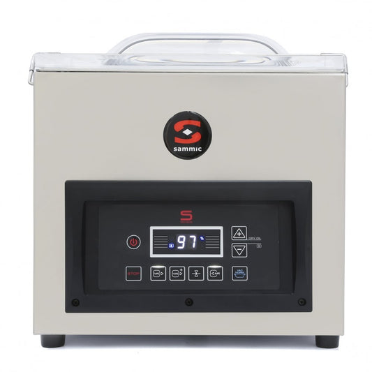 Envasadora al vacío industrial Sammic SE-308 con bomba Busch de 8 m³/h, control por sensor y doble soldadura de 320 mm para máxima precisión y seguridad en el envasado.