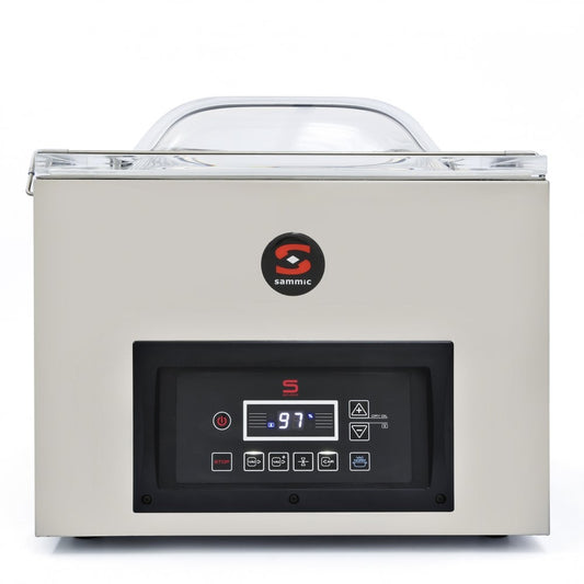 Envasadora al vacío industrial Sammic SE-410 con bomba Busch de 10 m³/h, control por sensor y doble barra de 420 mm para un envasado preciso y seguro en entornos profesionales.